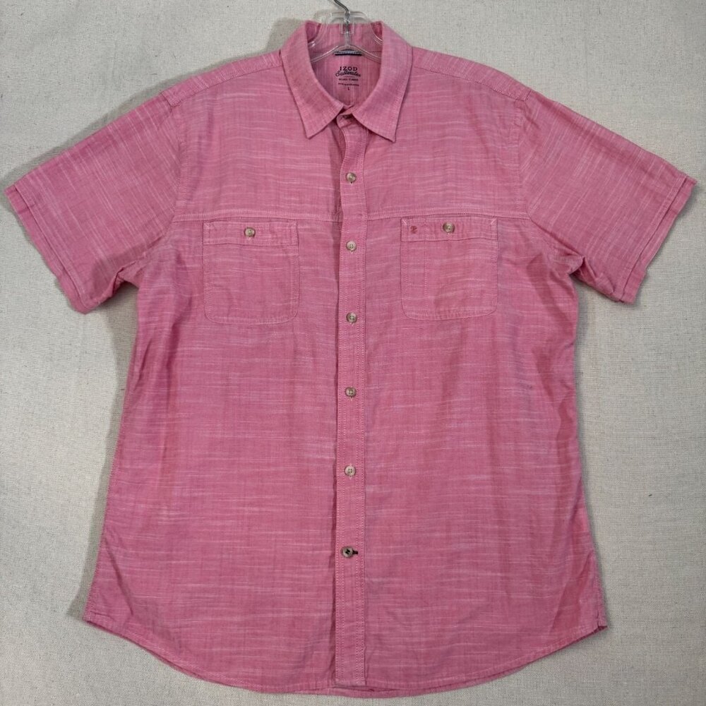 Izod Saltwater Relaxed Classics Pink Short Sleeve Button-Up Shirt L Cotton